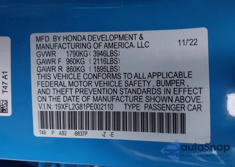 2023 Honda Civic Sport z USA, uszkodzony, nr VIN 19XFL2G81PE002110